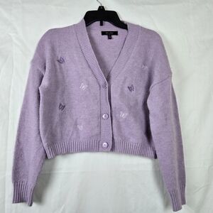 Witty Fox Womens Purple Butterfly Embroidered Cropped Long Sleeve Cardigan Small